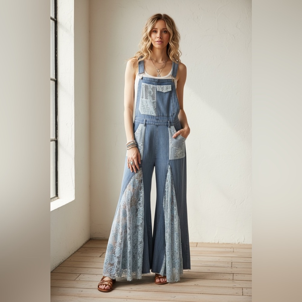 NWT Ultra Wide Leg Flare Lace Panel Patchwork Denim Jean Overalls Jumpsuit - Picture 10 of 14